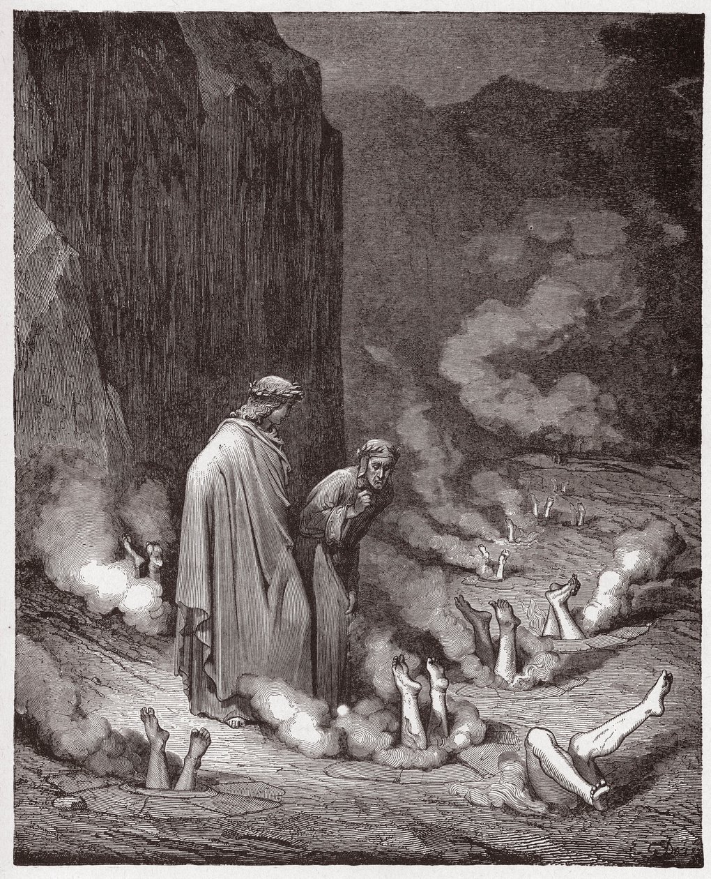 Božská komedie (La Divina Commedia, La Divine Comedie), Inferno, Canto 19: Dante kárá papeže Mikuláše III. ve čtvrté Bolgii - od Dante Alighieriho (1265-1321) - Ilustrace Gustave Dore (1832-1883) od Gustave Dore