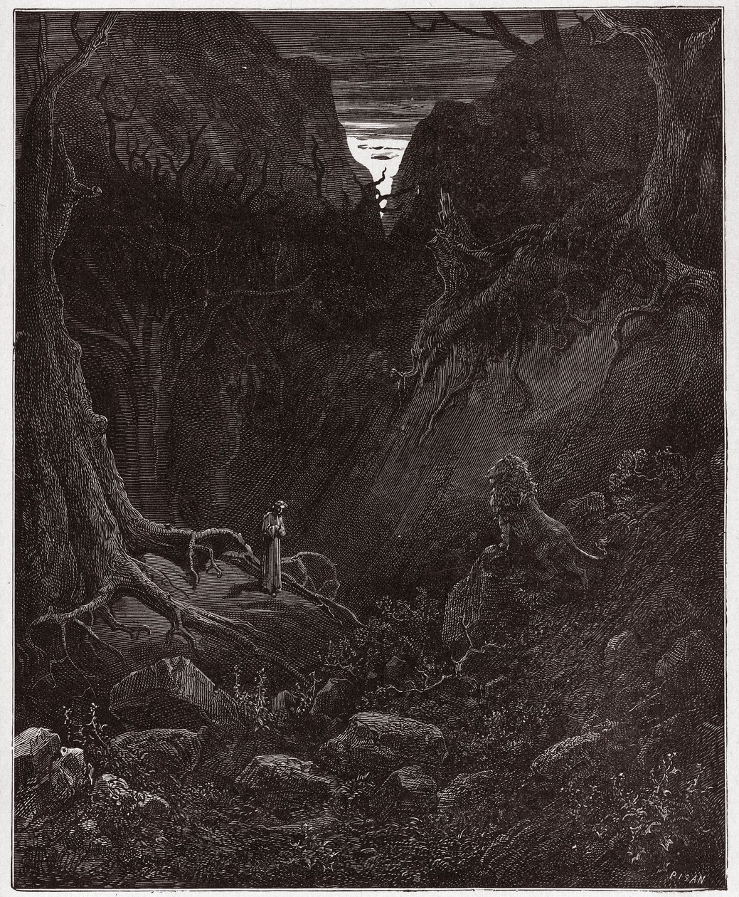 Božská komedie (La Divina Commedia, La Divine Comedie), Inferno, Canto 1: Lev se náhle střetne s Dantem - od Dante Alighieri (1265-1321) - Ilustrace Gustave Dore (1832-1883) od Gustave Dore