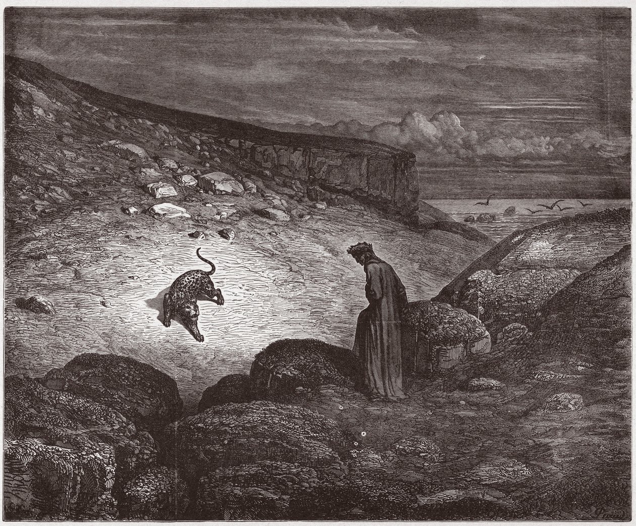 Božská komedie (La Divina Commedia, La Divine Comedie), Inferno, Canto 1: Panter na začátku výstupu - Dante Alighieri (1265-1321) - Ilustrace Gustave Dore (1832-1883) od Gustave Dore