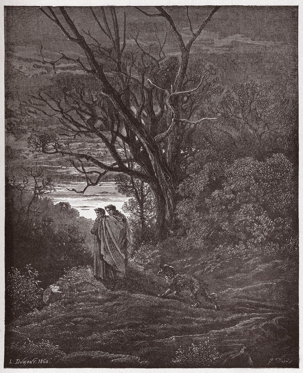 Božská komedie (La Divina Commedia, La Divine Comedie), Inferno, Canto 1: Objevuje se vlčice - Dante Alighieri (1265-1321) - Ilustrace Gustave Dore (1832-1883) od Gustave Dore