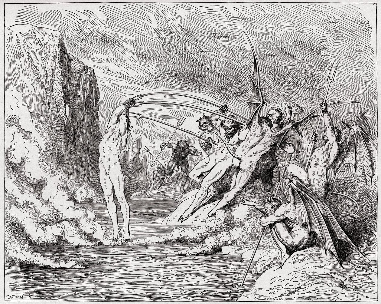 Božská komedie (La Divina Commedia, La Divine Comedie), Inferno, Canto 21: Ďáblové mučí barrátory - Dante Alighieri (1265-1321) - Ilustrace Gustave Dore (1832-1883) od Gustave Dore