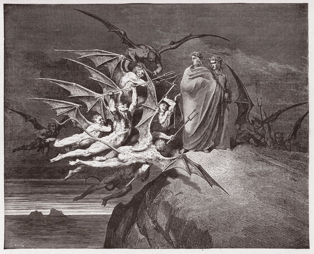 Božská komedie (La Divina Commedia, La Divine Comedie), Inferno, Canto 21: Démoni ohrožují Virgila - Dante Alighieri (1265-1321) - Ilustrace Gustave Dore (1832-1883) od Gustave Dore