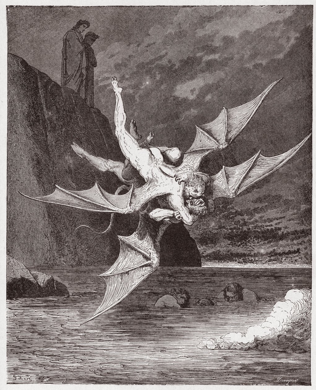 Božská komedie (La Divina Commedia, La Divine Comedie), Inferno, Canto 22: Alichino a Calcabrina zápasí nad hřištěm - Dante Alighieri (1265-1321) - Ilustrace Gustave Dore (1832-1883) od Gustave Dore