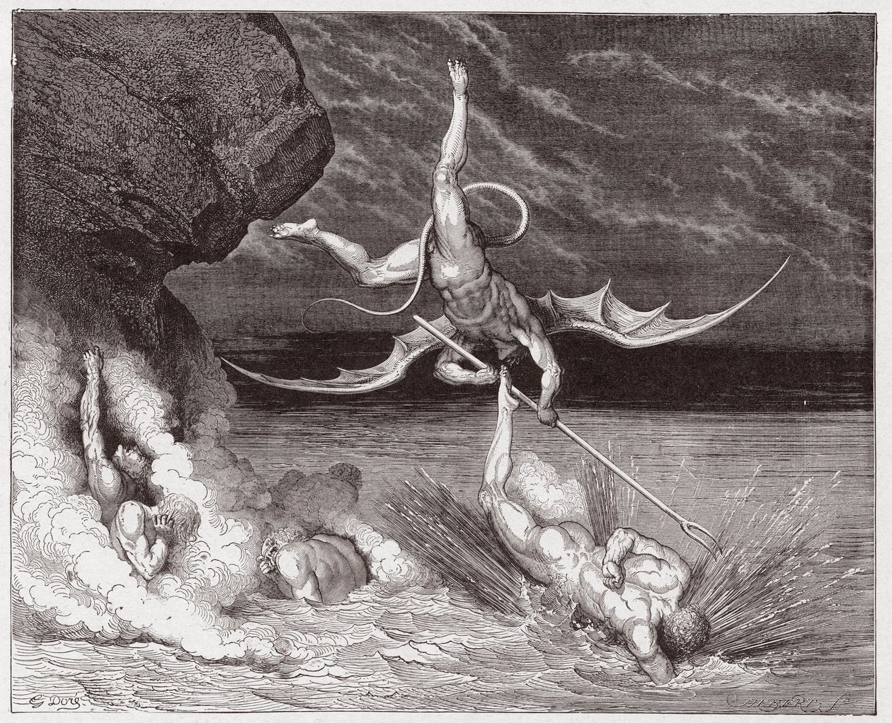 Božská komedie (La Divina Commedia, La Divine Comedie), Inferno, Canto 22: Ciampolo uniká démonu Alichino v páté Bolgii - Dante Alighieri (1265-1321) - Ilustrace Gustave Dore (1832-1883) od Gustave Dore