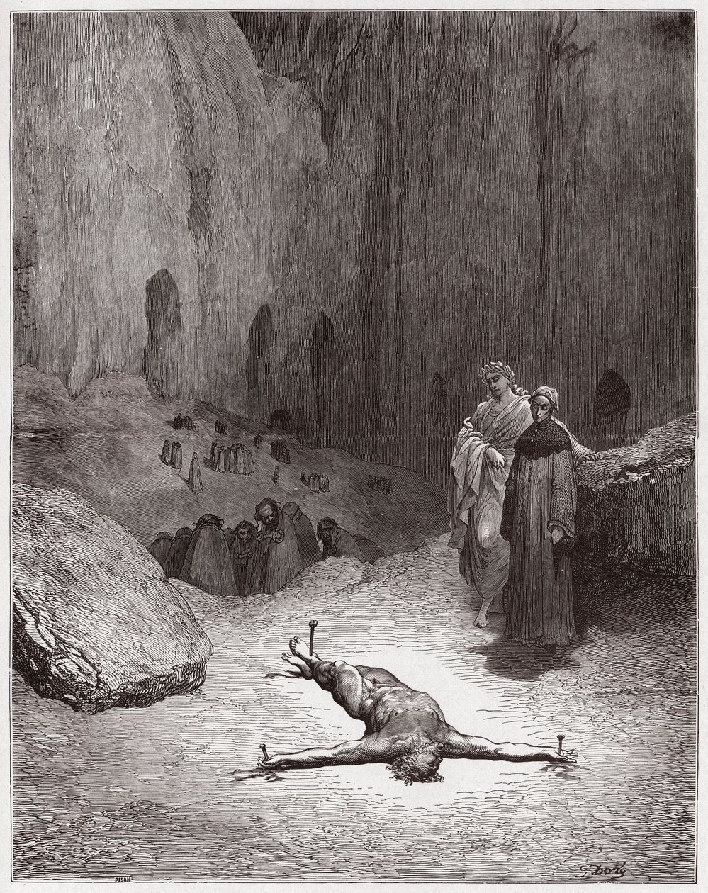 Božská komedie (La Divina Commedia, La Divine Comedie), Inferno, Canto 23: Ukřižovaný farizeus mezi pokrytci - Dante Alighieri (1265-1321) - Ilustrace Gustave Dore (1832-1883) od Gustave Dore