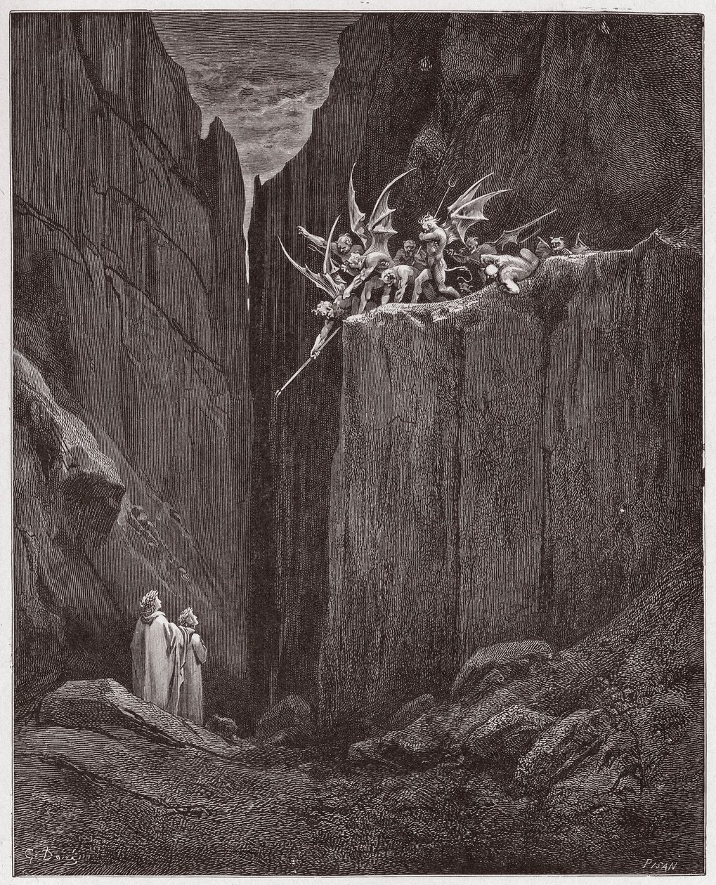 Božská komedie (La Divina Commedia, La Divine Comedie), Inferno, Canto 23: Básníci unikají démonům páté bolgie - Dante Alighieri (1265-1321) - Ilustrace Gustave Dore (1832-1883) od Gustave Dore