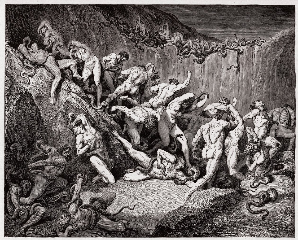 Božská komedie (La Divina Commedia, La Divine Comedie), Inferno, Canto 24: Zloději mučení hady - Dante Alighieri (1265-1321) - Ilustrace Gustave Dore (1832-1883) od Gustave Dore