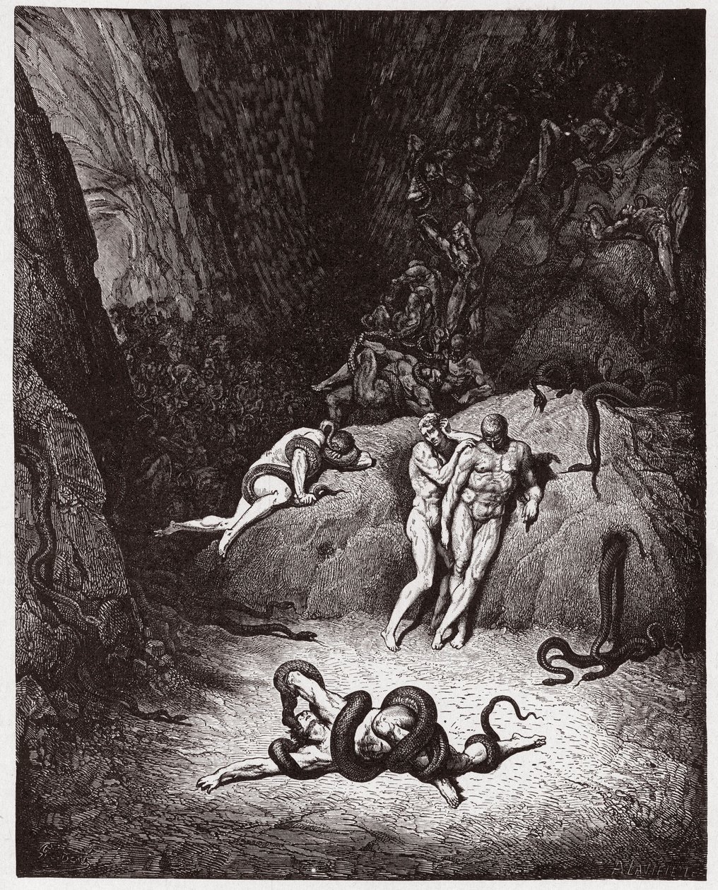 Božská komedie (La Divina Commedia, La Divine Comedie), Inferno, Canto 25: Agnello proměňující se v hada - Dante Alighieri (1265-1321) - Ilustrace Gustave Dore (1832-1883) od Gustave Dore