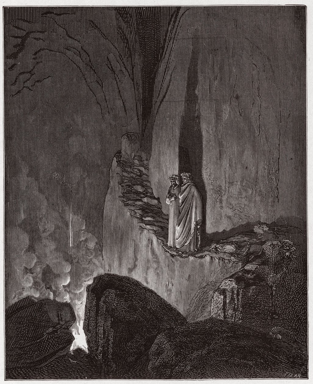 Božská komedie (La Divina Commedia, La Divine Comedie), Inferno, Canto 26: Planoucí duchové Odyssea a Diomeda - Dante Alighieri (1265-1321) - Ilustrace Gustave Dore (1832-1883) od Gustave Dore