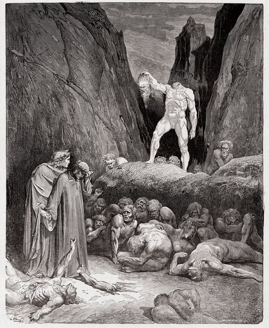 Božská komedie (La Divina Commedia, La Božská komedie), Inferno, Canto 28: Uťatá hlava Bertranda de Borna mluví s Dantem - Dante Alighieri (1265-1321) - Ilustrace Gustave Dore (1832-1883) od Gustave Dore
