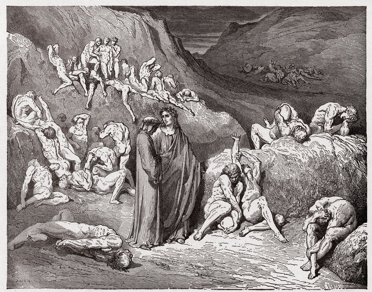 Božská komedie (La Divina Commedia, La Divine Comedie), Inferno, Canto 29: Falzifikátoři a padělatelé sužovaní svěděním - Dante Alighieri (1265-1321) - Ilustrace Gustave Dore (1832-1883) od Gustave Dore