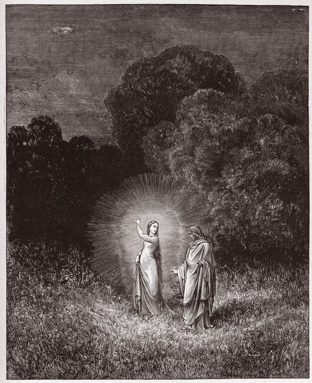 Božská komedie (La Divina Commedia, La Divine Comedie), Inferno, Canto 2: Beatrice a Virgil - od Dante Alighieri (1265-1321) - ilustrace Gustave Dore (1832-1883) od Gustave Dore