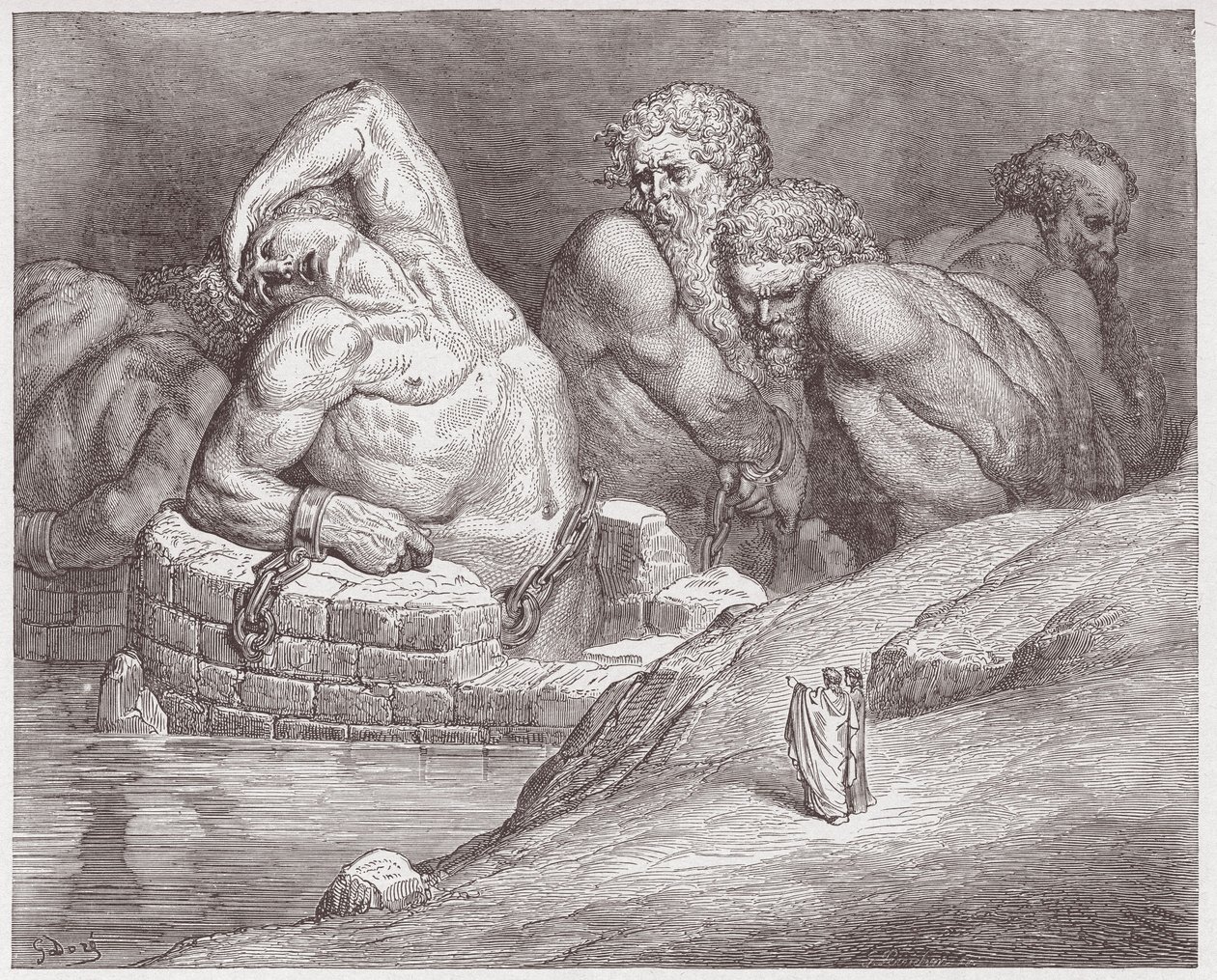 Božská komedie (La Divina Commedia, La Divine Comedie), Inferno, Canto 31: Ephialtes v poutech mezi obry - Dante Alighieri (1265-1321) - Ilustrace Gustave Dore (1832-1883) od Gustave Dore