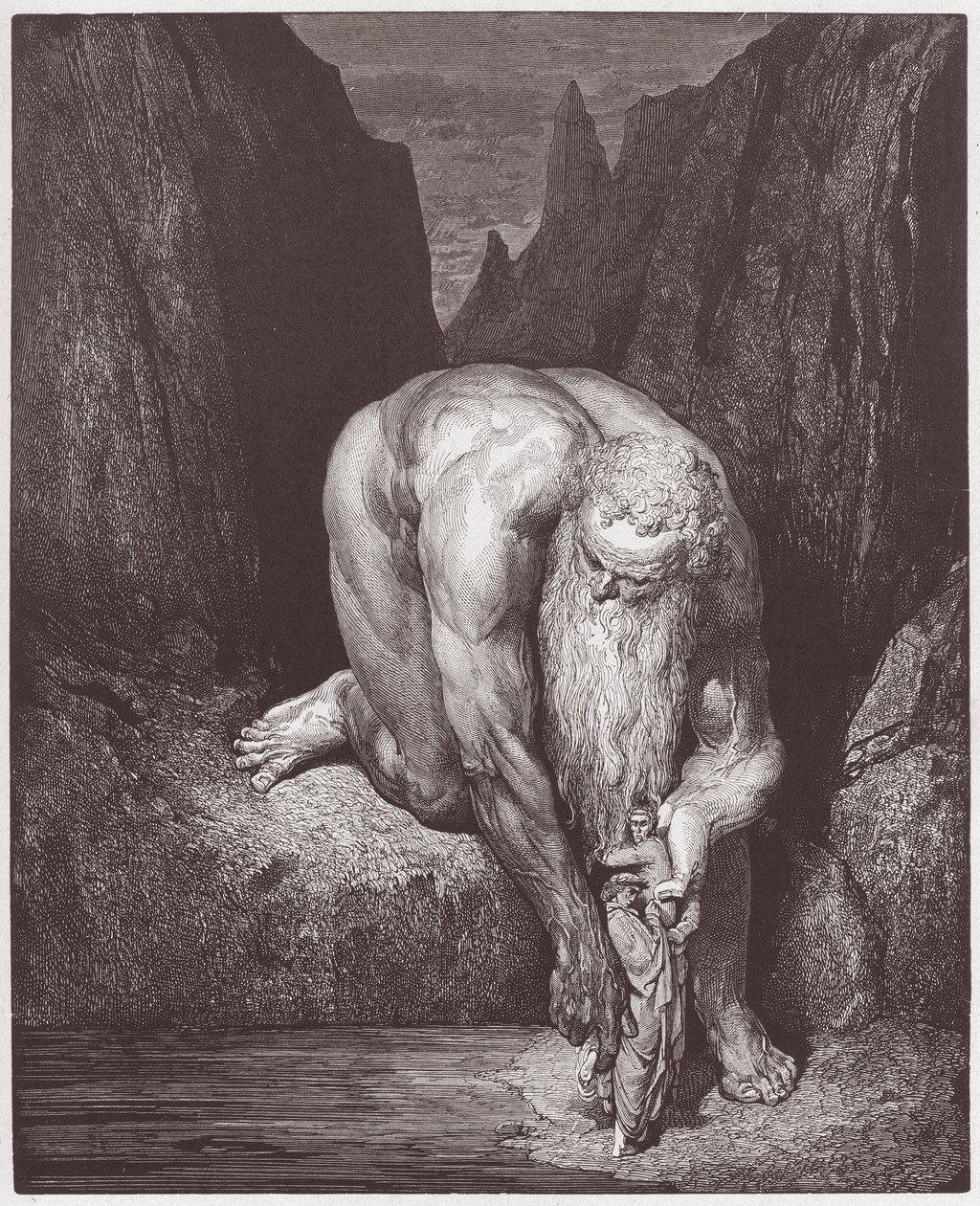 Božská komedie (La Divina Commedia, La Divine Comedie), Inferno, Canto 31: Obr Antaeus spouští Danta a Virgila do posledního kruhu - od Dante Alighieri (1265-1321) - Ilustrace Gustave Dore (1832-1883) od Gustave Dore
