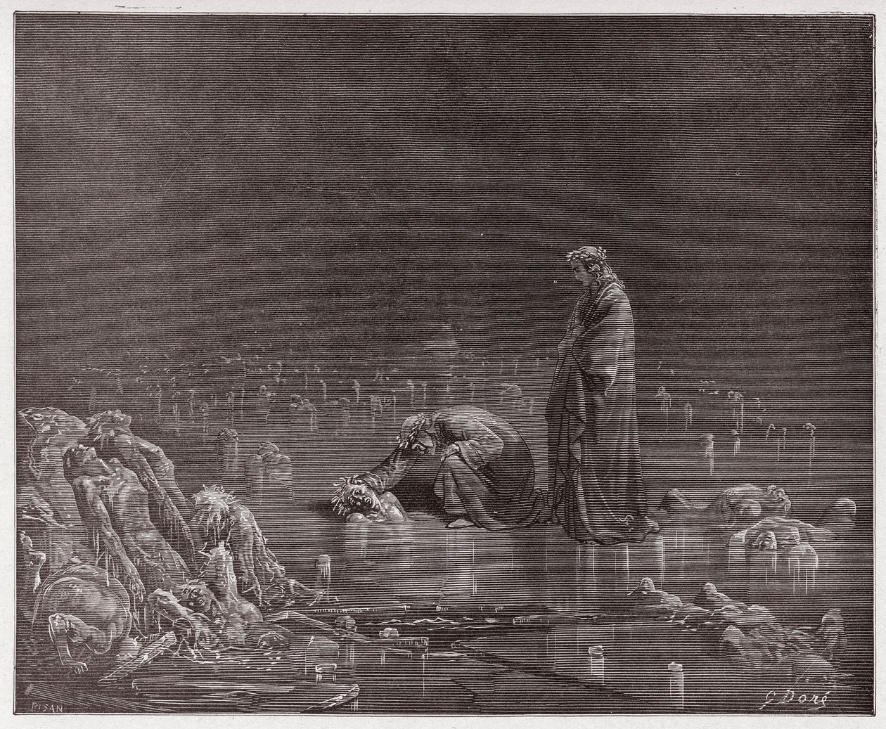 Božská komedie (La Divina Commedia, La Divine Comedie), Inferno, Canto 32: Dante oslovuje zrádce Bocca degli Abati - od Dante Alighieri (1265-1321) - ilustrace Gustave Dore (1832-1883) od Gustave Dore