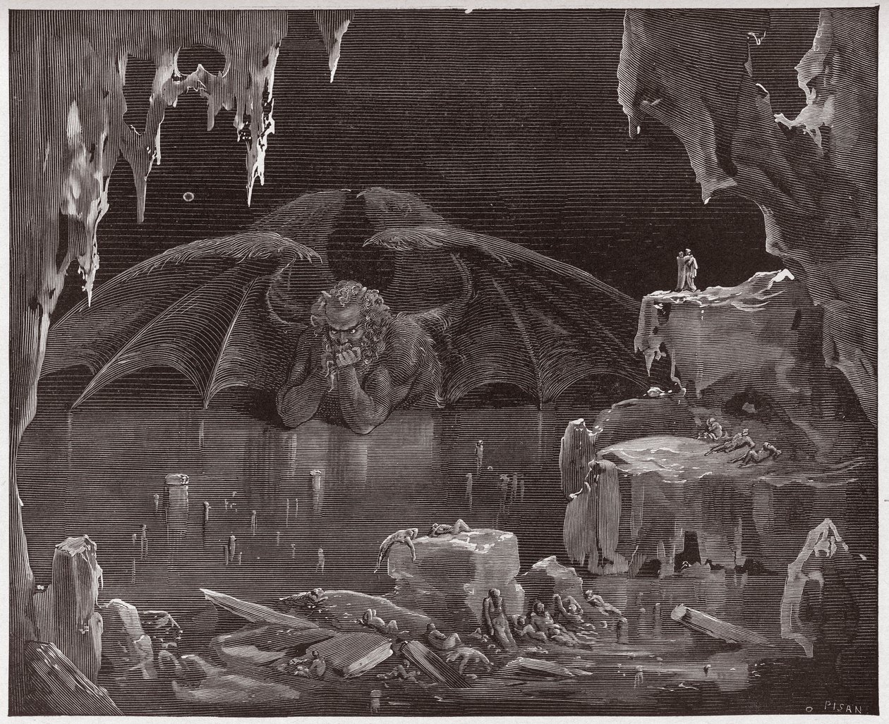 Božská komedie (La Divina Commedia, La Divine Comedie), Inferno, Canto 34: Lucifer, král pekel, zmrazený v ledu - Dante Alighieri (1265-1321) - Ilustrace Gustave Dore (1832-1883) od Gustave Dore