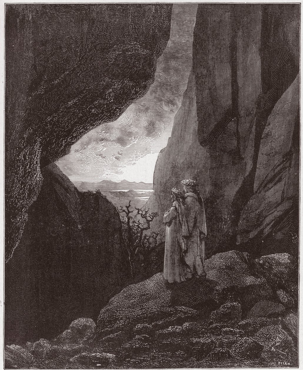 Božská komedie (La Divina Commedia, La Divine Comedie), Inferno, Canto 34: Virgil a Dante vystupují do horního světa - od Dante Alighieri (1265-1321) - ilustrace Gustave Dore (1832-1883) od Gustave Dore