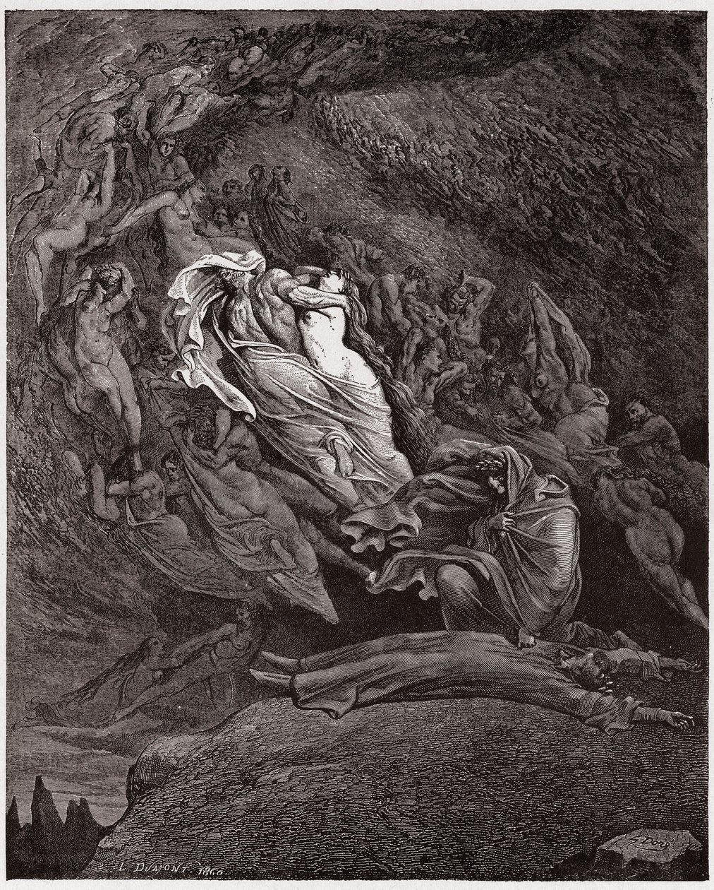 Božská komedie (La Divina Commedia, La Divine Comedie), Inferno, Canto 5: Francesca popisuje svou smrt - Dante Alighieri (1265-1321) - Ilustrace Gustave Dore (1832-1883) od Gustave Dore