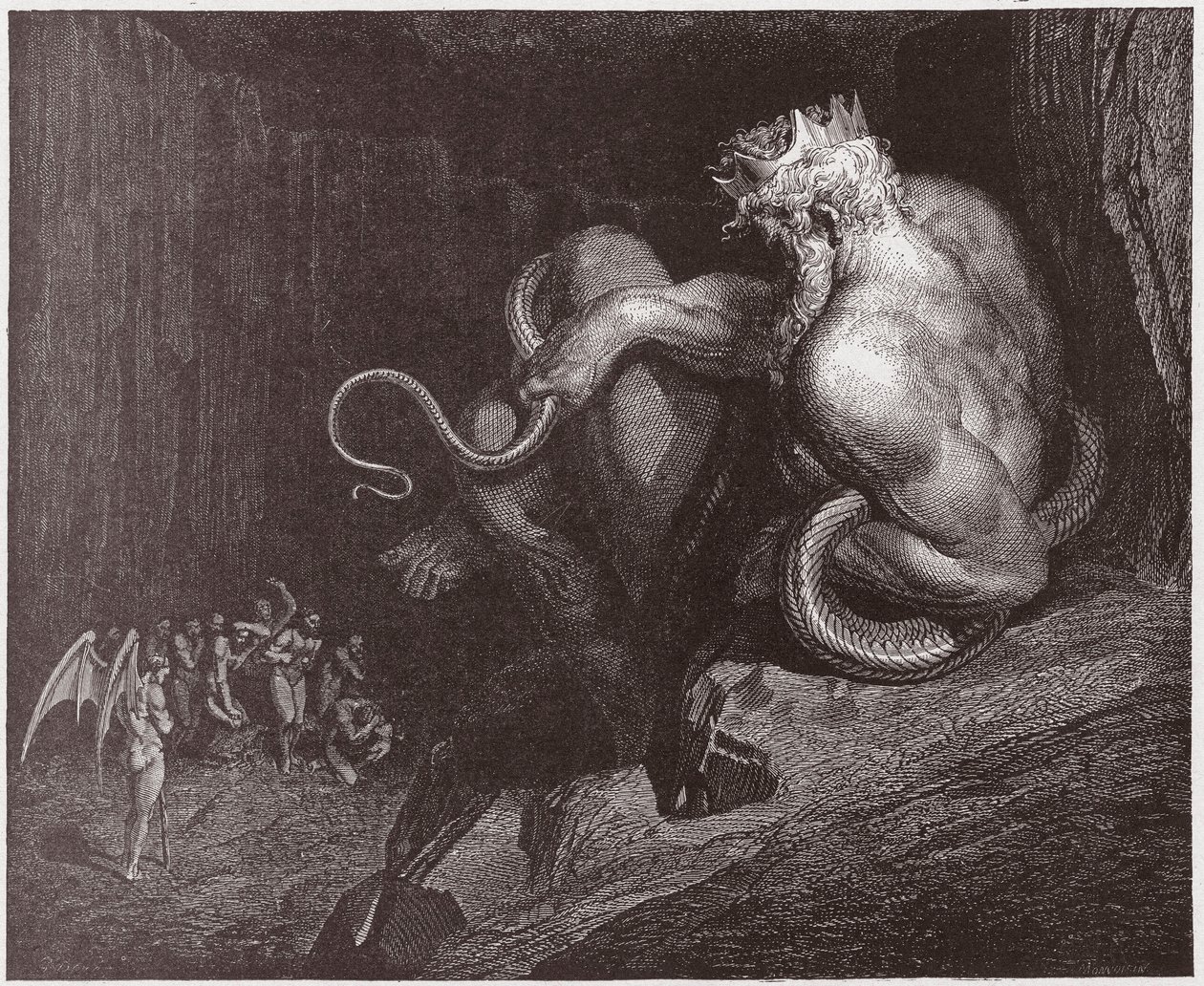 Božská komedie (La Divina Commedia, La Divine Comedie), Inferno, Canto 5: Minos soudí provinění a posílá duše - Dante Alighieri (1265-1321) - Ilustrace Gustave Dore (1832-1883) od Gustave Dore