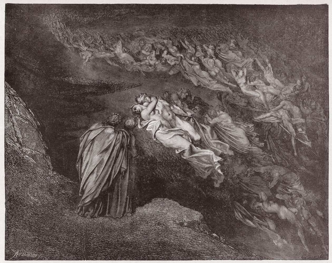 Božská komedie (La Divina Commedia, La Divine Comedie), Inferno, Canto 5: Duše Francescy promlouvá k Dantemu - od Dante Alighieri (1265-1321) - Ilustrace Gustave Dore (1832-1883) od Gustave Dore