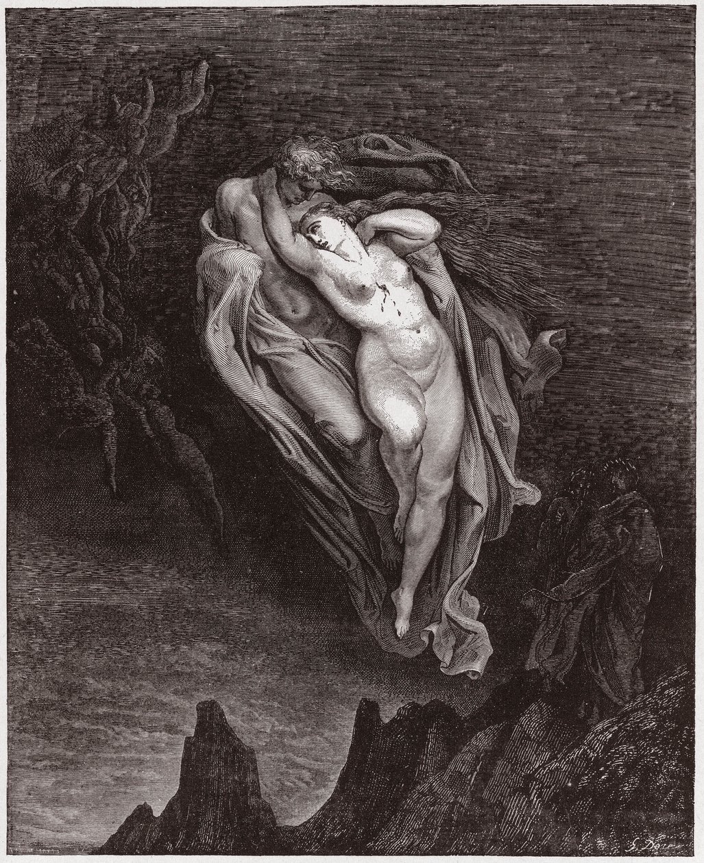 Božská komedie (La Divina Commedia, La Divine Comedie), Inferno, Canto 5: Duše Paola a Francescy - od Dante Alighieri (1265-1321) - ilustrace Gustave Dore (1832-1883) od Gustave Dore