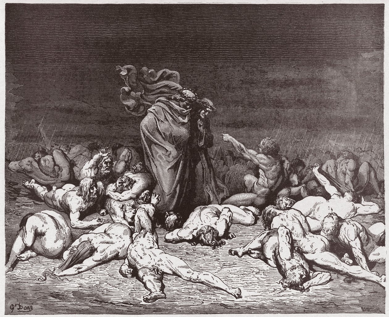 Božská komedie (La Divina Commedia, La Divine Comedie), Inferno, Canto 6: Lakomci bičovaní věčným deštěm - Dante Alighieri (1265-1321) - Ilustrace Gustave Dore (1832-1883) od Gustave Dore