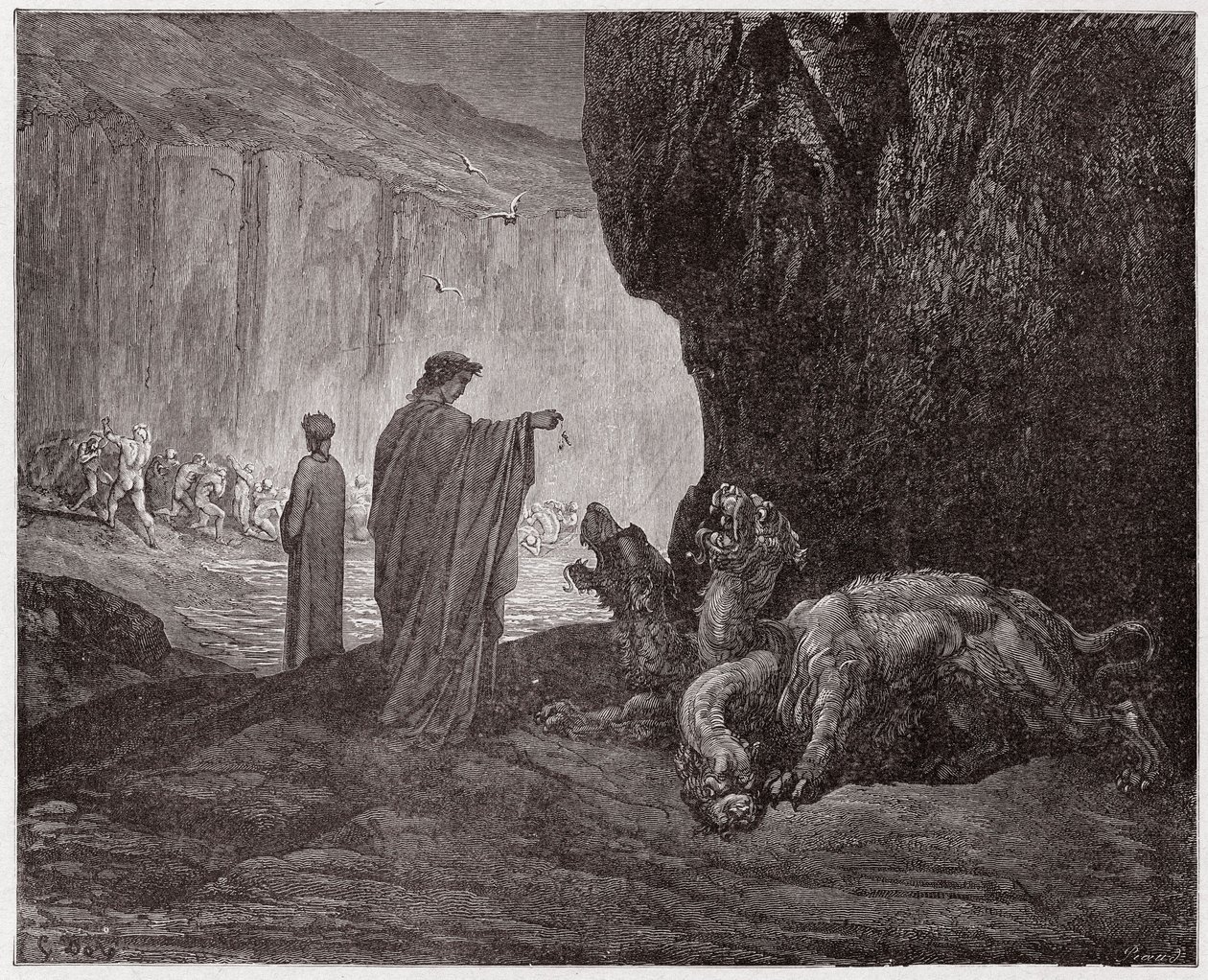 Božská komedie (La Divina Commedia, La Divine Comedie), Inferno, Canto 6: Virgil krmí Cerbera ve třetím kruhu - Dante Alighieri (1265-1321) - Ilustrace Gustave Dore (1832-1883) od Gustave Dore