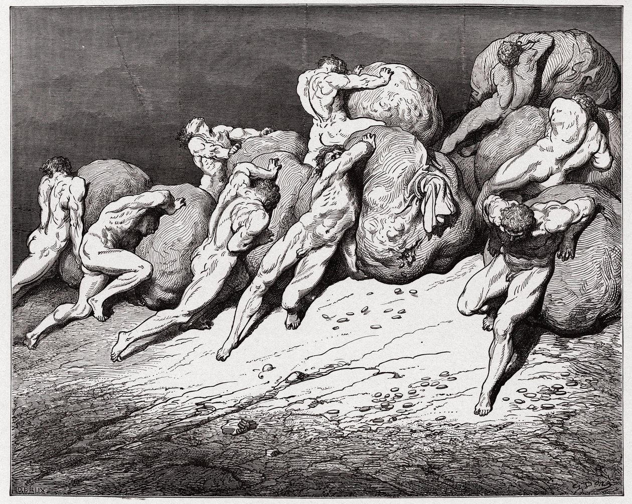 Božská komedie (La Divina Commedia, La Divine Comedie), Inferno, Canto 7: Duše lakomých a marnotratných přinucených válet těžké kameny - Dante Alighieri (1265-1321) - Ilustrace Gustave Dore (1832-1883) od Gustave Dore