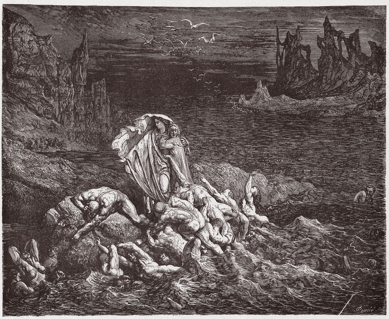 Božská komedie (La Divina Commedia, La Divine Comedie), Inferno, Canto 7: Virgil ukazuje Dantemu duše hněvivých v Styx - od Dante Alighieri (1265-1321) - ilustrace Gustave Dore (1832-1883) od Gustave Dore
