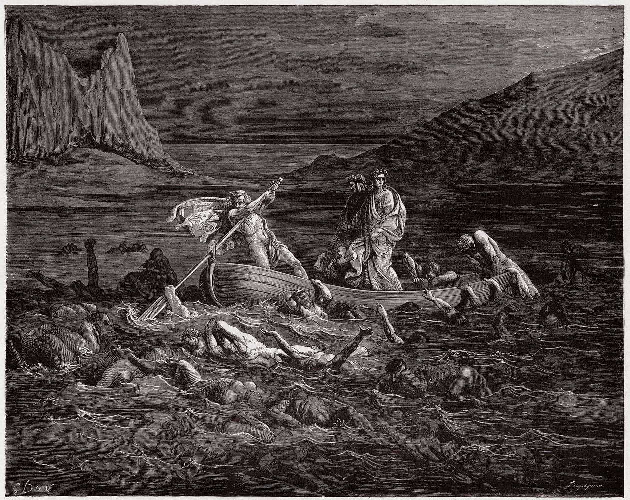 Božská komedie (La Divina Commedia, La Divine Comedie), Inferno, Canto 8: Phlegyas převozy Danteho a Virgila přes Styx - od Dante Alighieri (1265-1321) - ilustrace Gustave Dore (1832-1883) od Gustave Dore