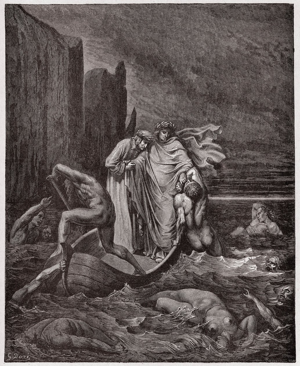 Božská komedie (La Divina Commedia, La Divine Comedie), Inferno, Canto 8: Duše Florenťana Philippa Argentiho obtěžuje básníky na Styxu - Dante Alighieri (1265-1321) - Ilustrace Gustave Dore (1832-1883) od Gustave Dore