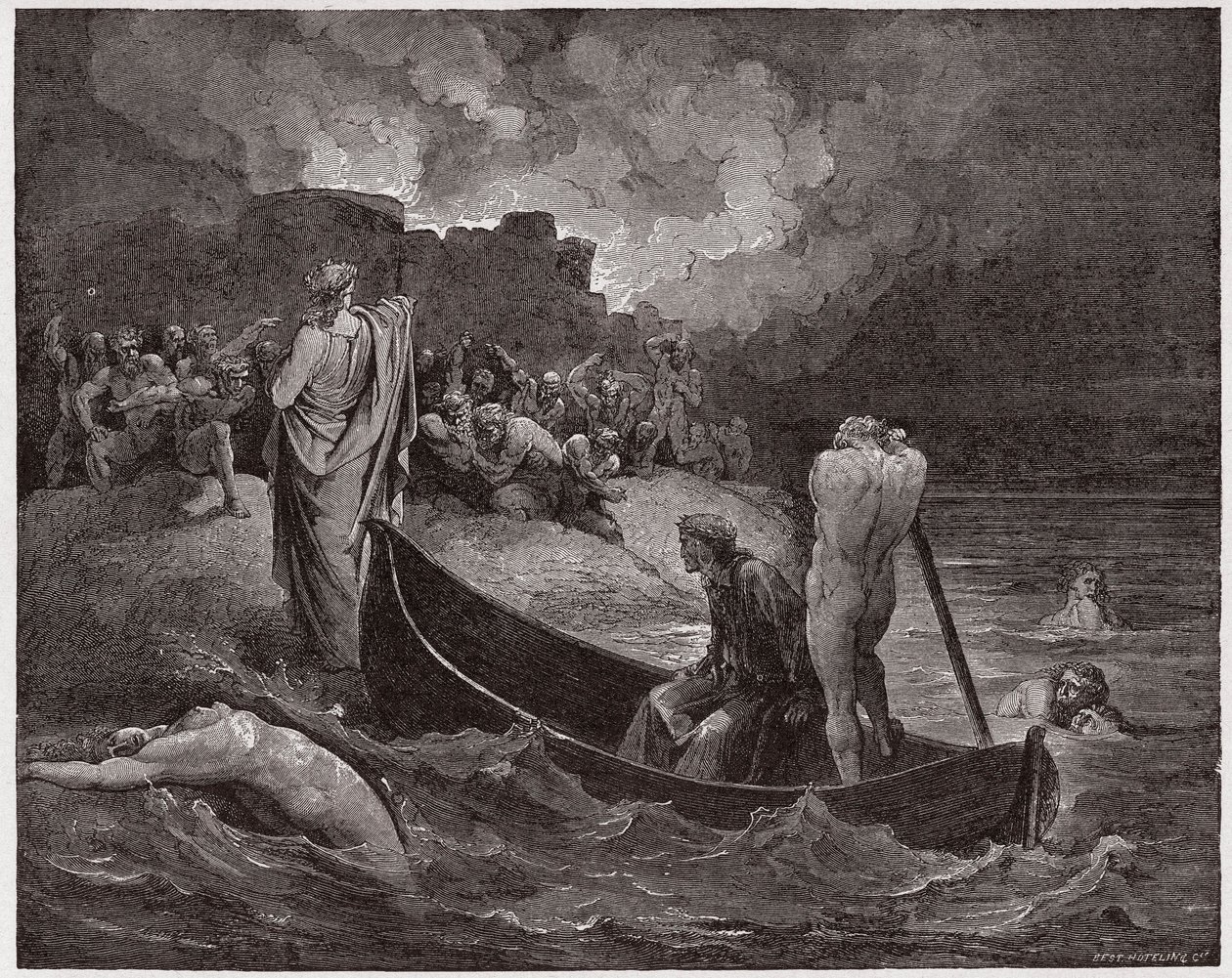 Božská komedie (La Divina Commedia, La Božská komedie), Inferno, Canto 8: Virgil a Dante se vyloďují v citadele Dis - Dante Alighieri (1265-1321) - Ilustrace Gustave Dore (1832-1883) od Gustave Dore