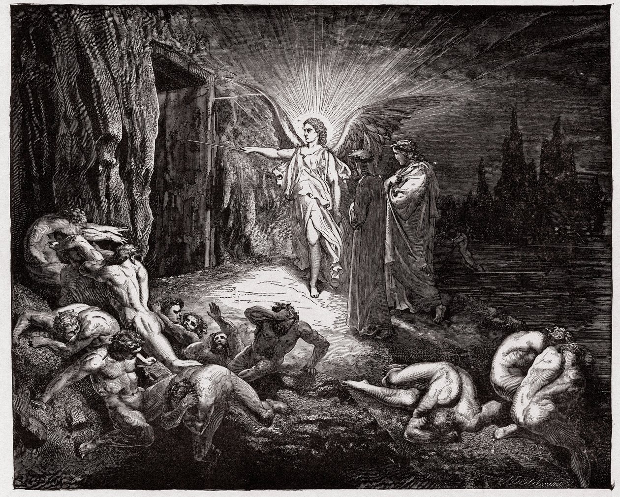 Božská komedie (La Divina Commedia, La Divine Comedie), Inferno, Canto 9: Anděl otevírá brány - Dante Alighieri (1265-1321) - Ilustrace Gustave Dore (1832-1883) od Gustave Dore