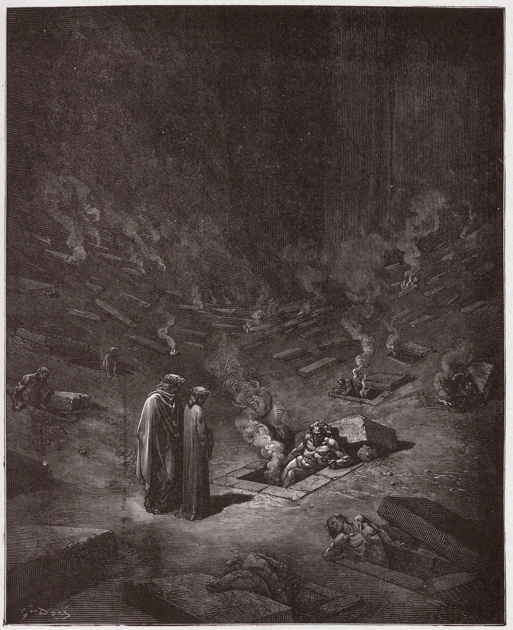 Božská komedie (La Divina Commedia, La Divine Comedie), Inferno, Canto 9: Hořící hroby hereziarchů - Dante Alighieri (1265-1321) - Ilustrace Gustave Dore (1832-1883) od Gustave Dore