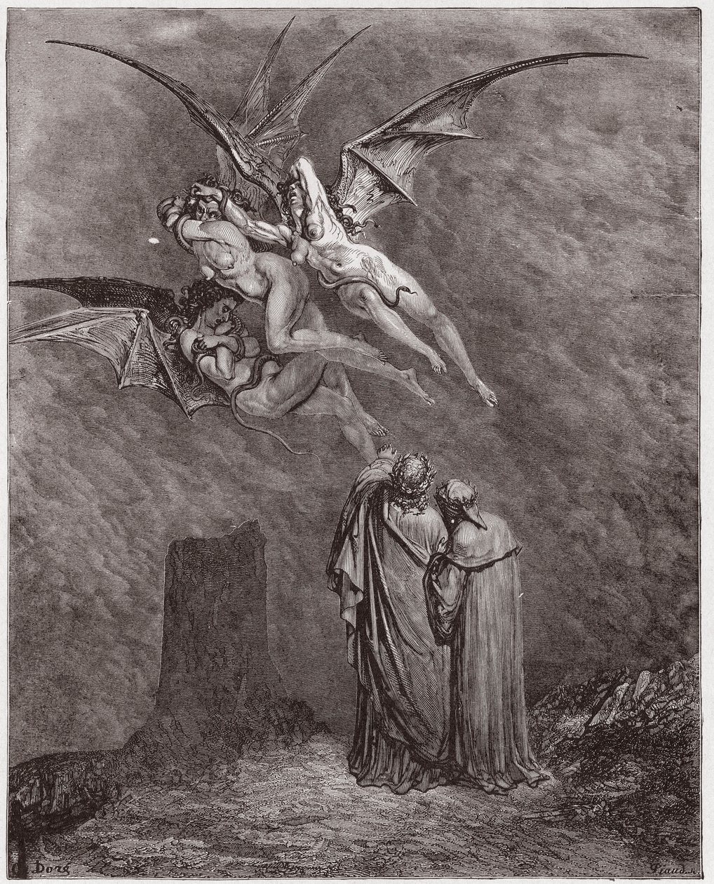 Božská komedie (La Divina Commedia, La Divine Comedie), Inferno, Canto 9: Hrozný Erinyes: Megaera, Tisphone, Alecto - Dante Alighieri (1265-1321) - Ilustrace Gustave Dore (1832-1883) od Gustave Dore
