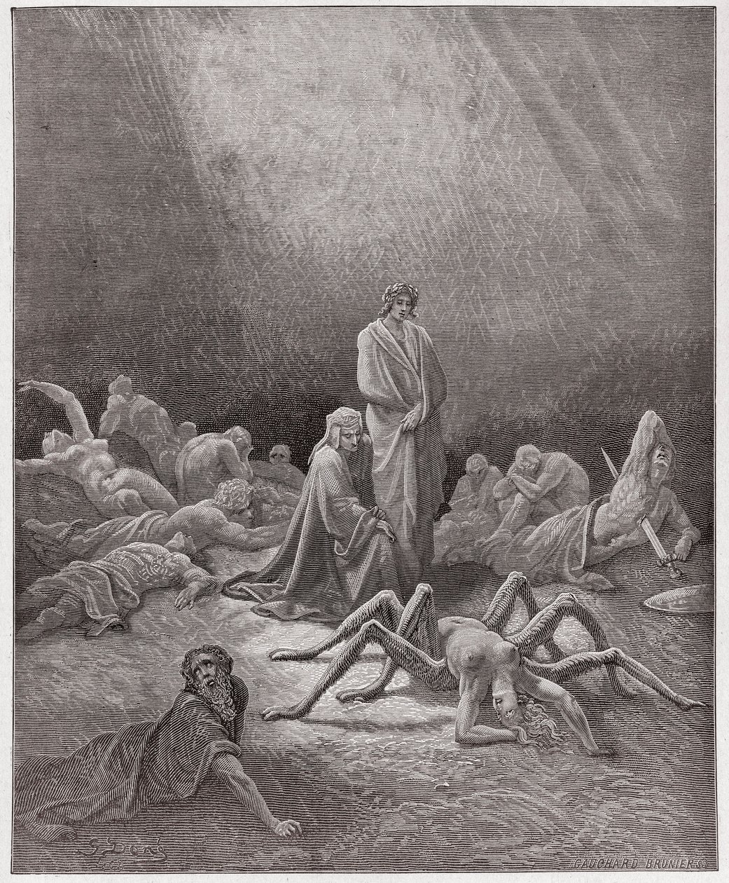 Božská komedie (La Divina Commedia, La Divine Comedie), Purgatorio, Canto 12: Dante nahlíží do duše Arachne - od Dante Alighieri (1265-1321) - Ilustrace Gustave Dore (1832-1883) od Gustave Dore