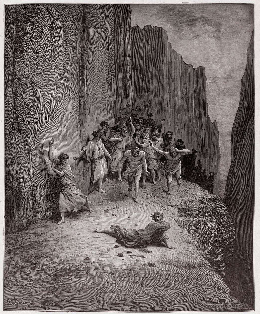 Božská komedie (La Divina Commedia, La Divine Comedie), Purgatorio, Canto 15: Danteho vize ukamenování Štěpána - od Dante Alighieriho (1265-1321) - ilustrace Gustave Dore (1832-1883) od Gustave Dore