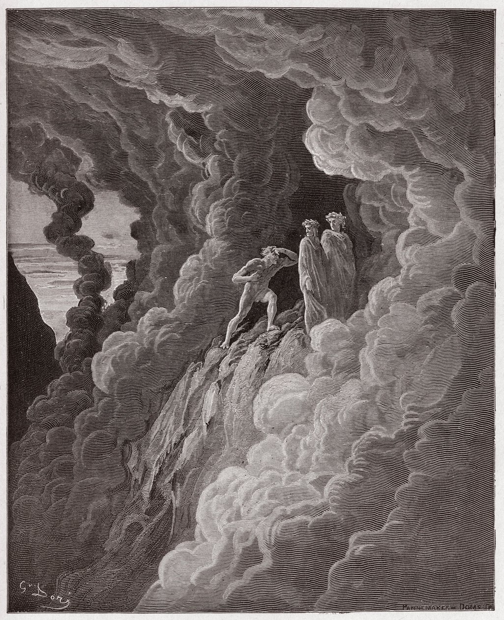 Božská komedie (La Divina Commedia, La Divine Comedie), Purgatorio, Canto 16: Marco Lombardo následuje básníky kouřem - Dante Alighieri (1265-1321) - Ilustrace Gustave Dore (1832-1883) od Gustave Dore