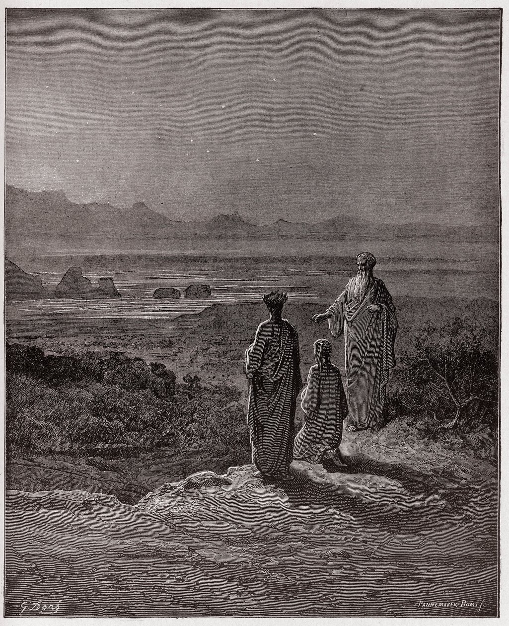 Božská komedie (La Divina Commedia, La Divine Comedie), Purgatorio, Canto 1: Dante klečí před Statiem - od Dante Alighieri (1265-1321) - Ilustrace Gustave Dore (1832-1883) od Gustave Dore