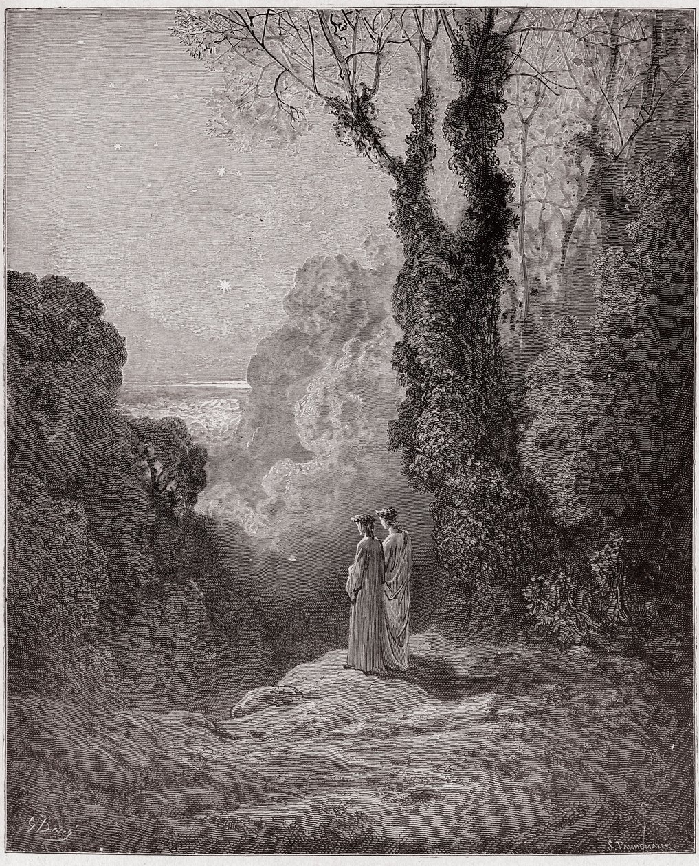 Božská komedie (La Divina Commedia, La Divine Comedie), Purgatorio, Canto 1: Básníci spatřují krásu Venuše na ranní obloze - Dante Alighieri (1265-1321) - Ilustrace Gustave Dore (1832-1883) od Gustave Dore