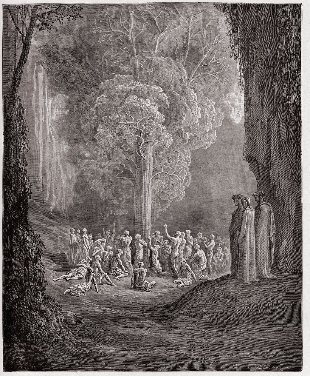 Božská komedie (La Divina Commedia, La Divine Comedie), Purgatorio, Canto 24: Obžerské duše křičící pod stromem - Dante Alighieri (1265-1321) - Ilustrace Gustave Dore (1832-1883) od Gustave Dore