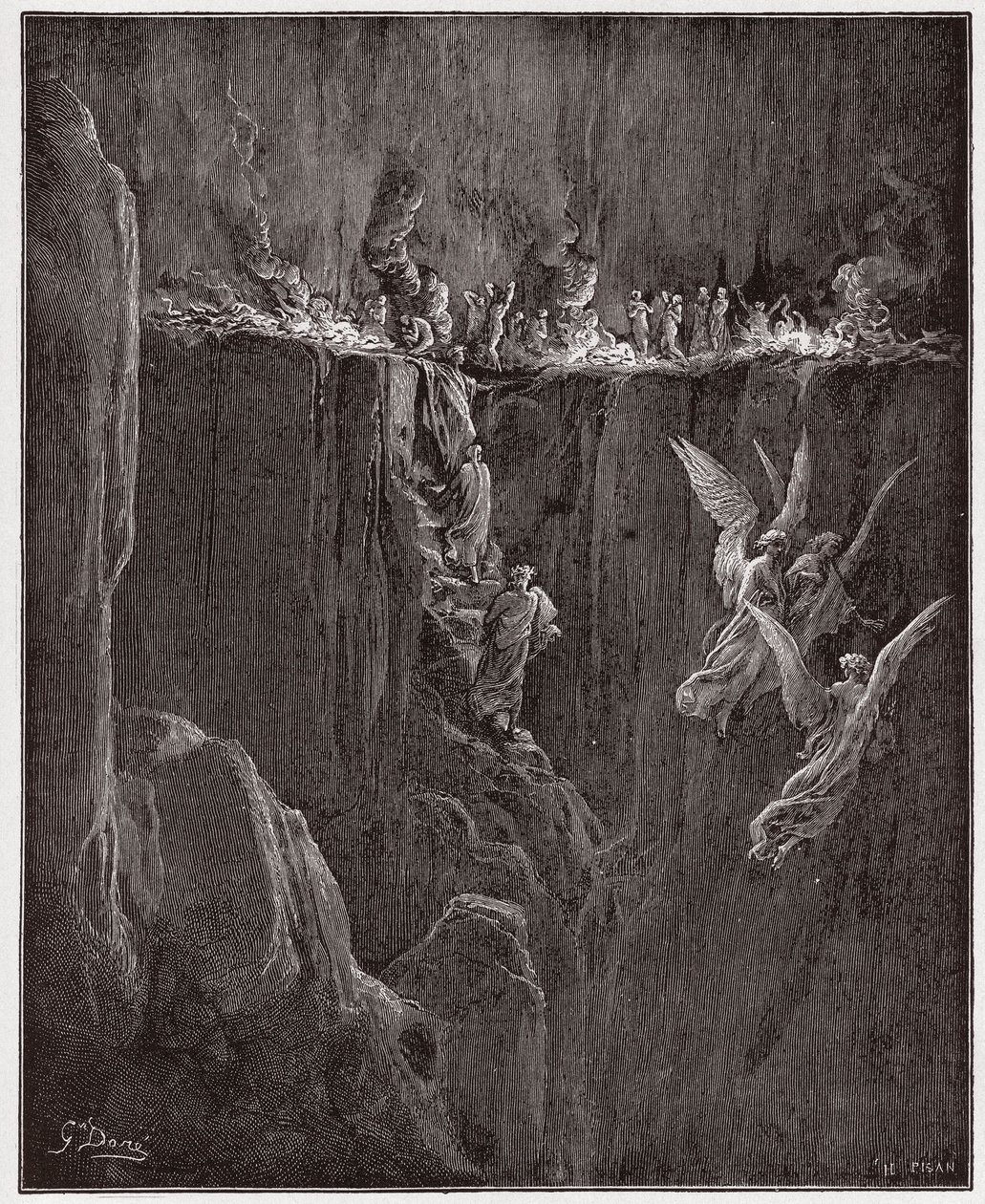 Božská komedie (La Divina Commedia, La Božská komedie), Purgatorio, Canto 25: Virgil a Dante stoupají do sedmého kruhu skrze plameny - od Dante Alighieri (1265-1321) - ilustrace Gustave Dore (1832-1883) od Gustave Dore