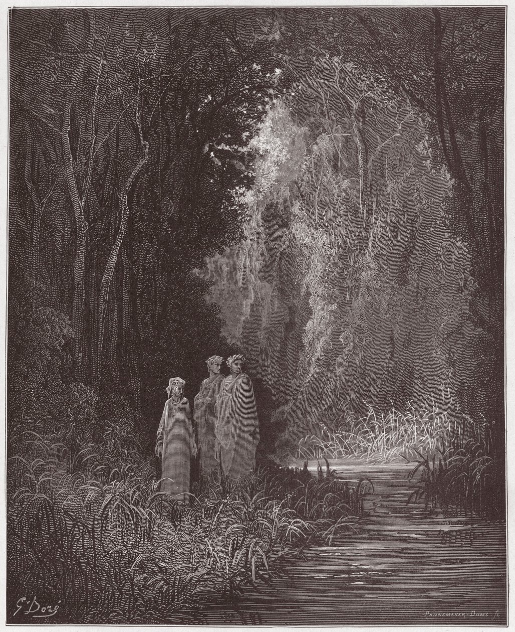 Božská komedie (La Divina Commedia, La Divine Comedie), Purgatorio, Canto 28: Dante, Virgil a Statius ve starověkém lese pozemského ráje - Dante Alighieri (1265-1321) - Ilustrace Gustave Dore (1832-1883 ) od Gustave Dore
