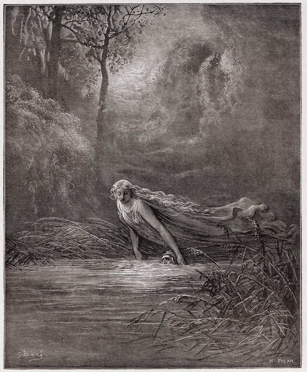 Božská komedie (La Divina Commedia, La Divine Comedie), Purgatorio, Canto 31: Dante ponořený v řece Lethe - Dante Alighieri (1265-1321) - Ilustrace Gustave Dore (1832-1883) od Gustave Dore