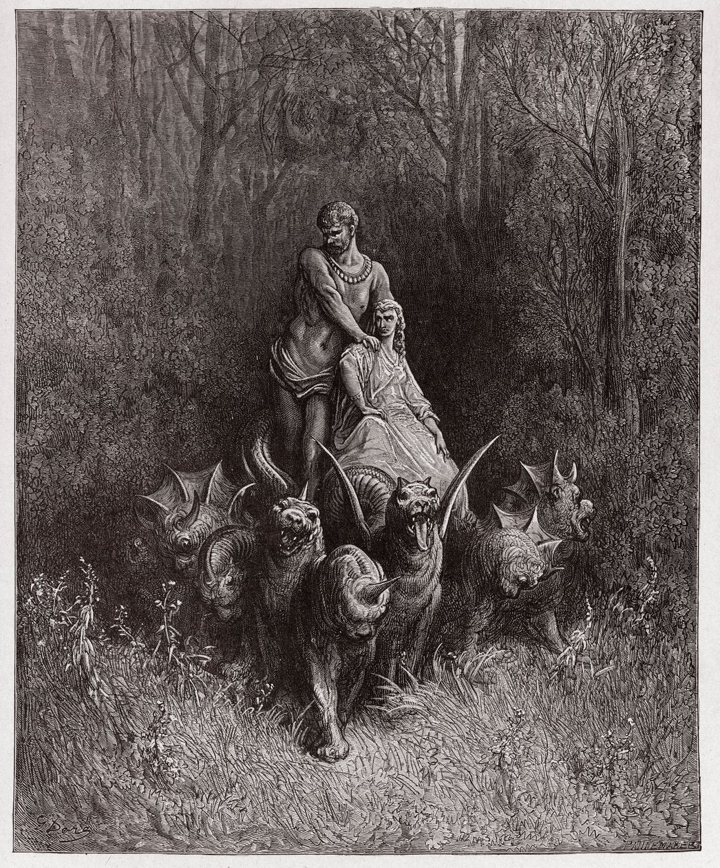 Božská komedie (La Divina Commedia, La Divine Comedie), Purgatorio, Canto 32: Obr a nevěstka ve voze - Dante Alighieri (1265-1321) - Ilustrace Gustave Dore (1832-1883) od Gustave Dore