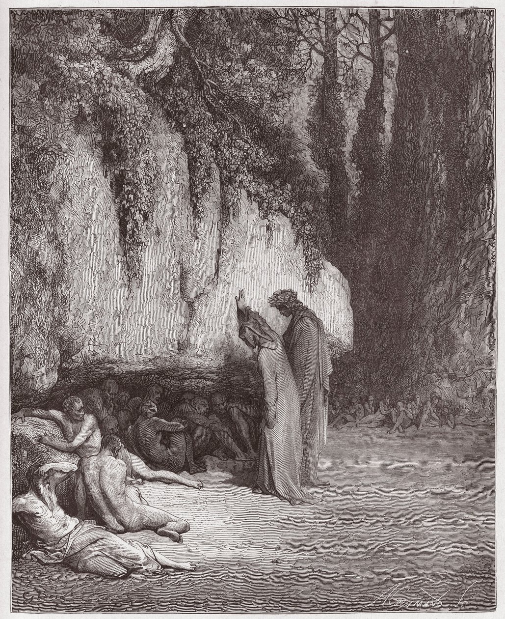 Božská komedie (La Divina Commedia, La Divine Comedie), Purgatorio, Canto 4: Indolent souls around the rock - Dante Alighieri (1265-1321) - Ilustrace Gustave Dore (1832-1883) od Gustave Dore