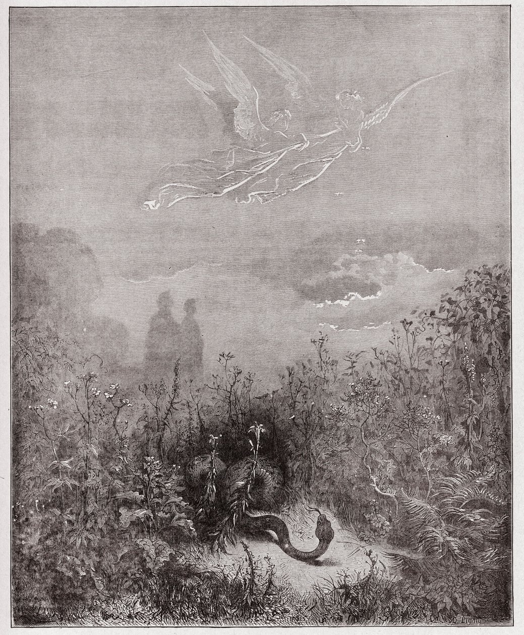 Božská komedie (La Divina Commedia, La Divine Comedie), Purgatorio, Canto 8: Andělé odhánějí hada - Dante Alighieri (1265-1321) - Ilustrace Gustave Dore (1832-1883) od Gustave Dore