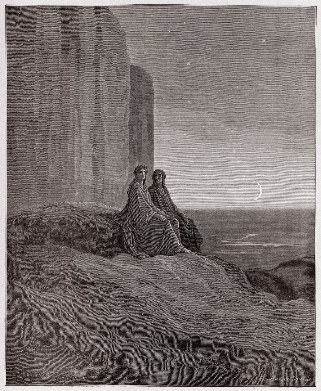 Božská komedie (La Divina Commedia, La Divine Comedie), Purgatorio, Canto 9: Soumrak - od Dante Alighieri (1265-1321) - ilustrace Gustave Dore (1832-1883) od Gustave Dore