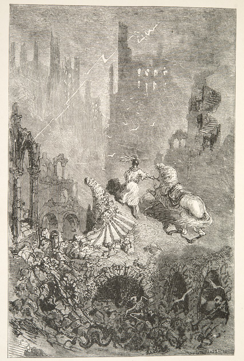 Pád hradu krále Pellamse, z Příběhů dnů krále Artuše od Charlese Henryho Hansona, pub.1898 od Gustave Dore