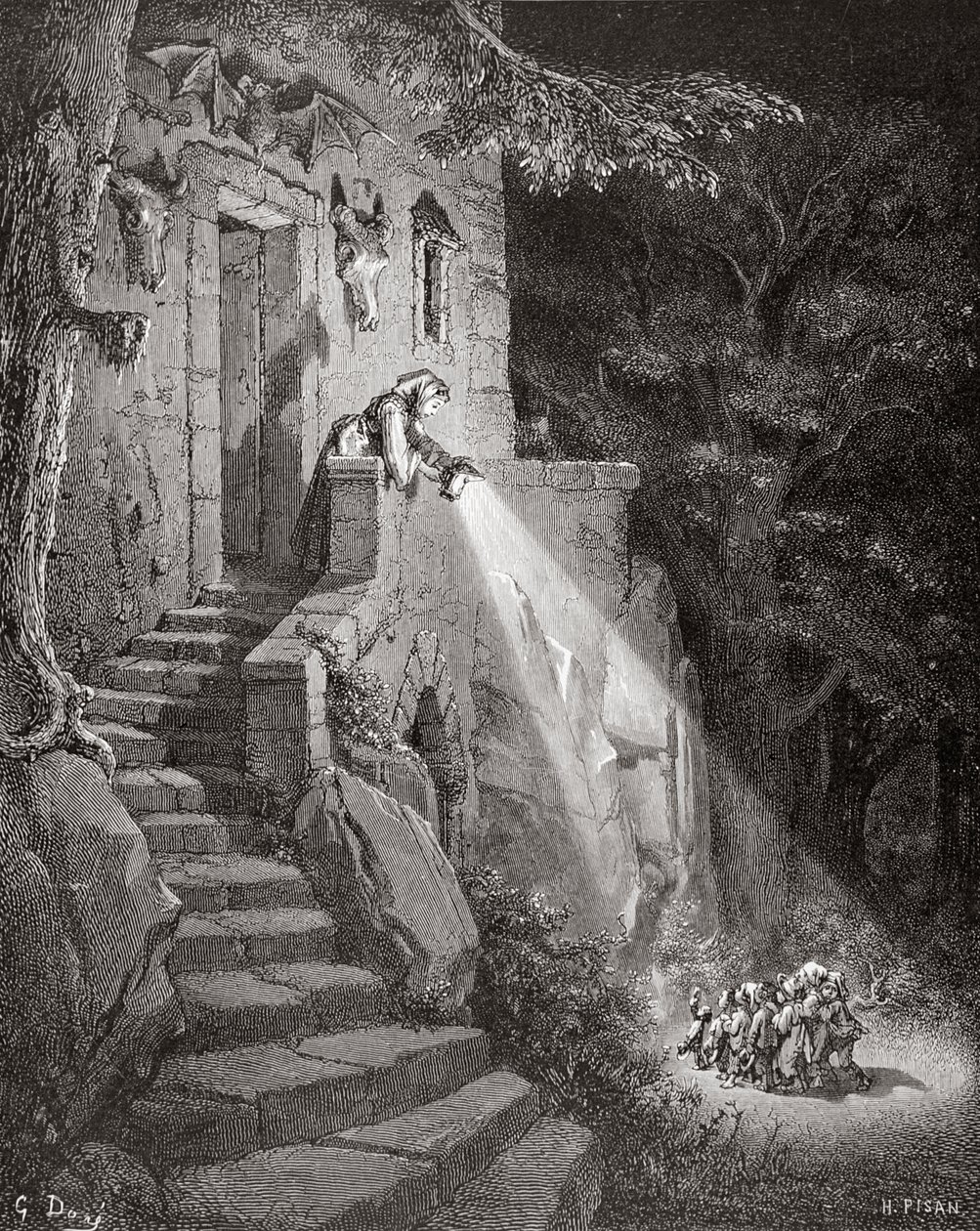 The Dwelling of the Ogre, vyrytý Heliodorem Josephem Pisanem (1822-90) kolem roku 1868 od Gustave Dore